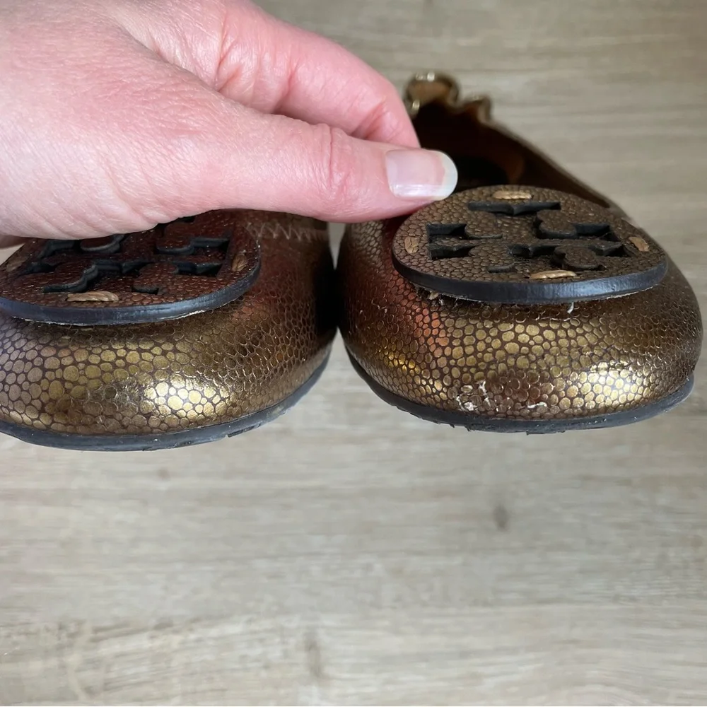 Tory Burch Reva Travel Ballet Flats Bronze Metallic Pebbled Leather Size 7
